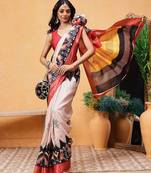 Beige printed silk blend ethnic saree with blouse piece