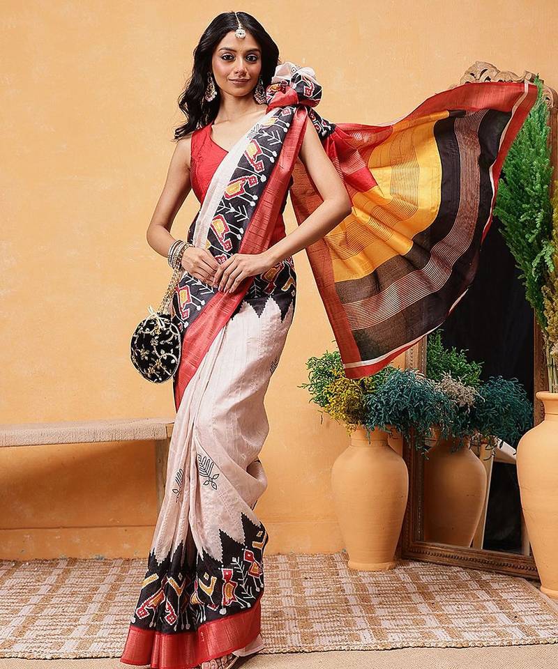 Beige printed silk blend ethnic saree with blouse piece
