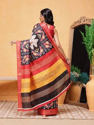 Beige printed silk blend ethnic saree with blouse piece 3