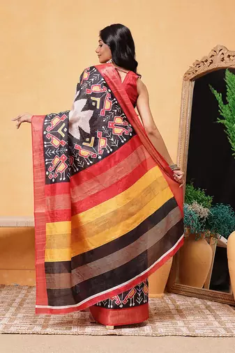 Beige printed silk blend ethnic saree with blouse piece