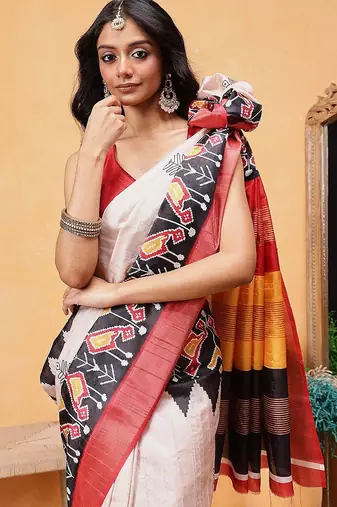 Beige printed silk blend ethnic saree with blouse piece