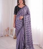 Stunning purple viscose rangoli silk saree with black embroidery and mirror work