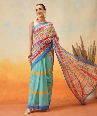 Green printed tissue traditional saree with blouse piece 1