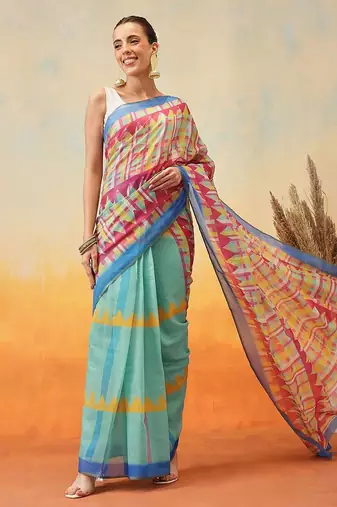 Green printed tissue traditional saree with blouse piece