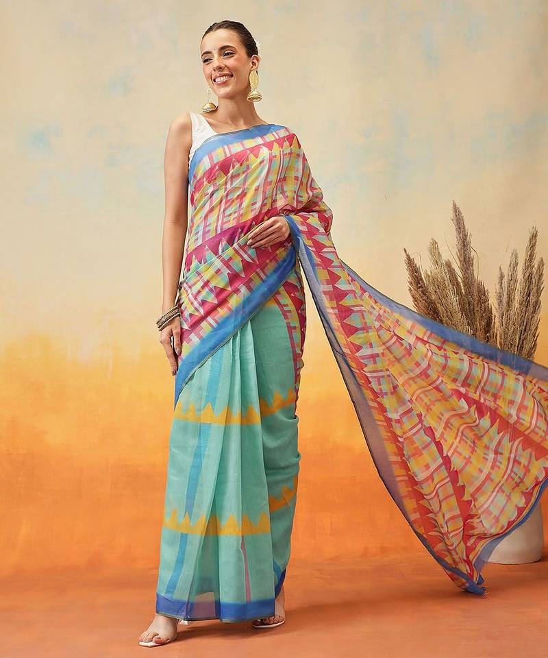 Green printed tissue traditional saree with blouse piece