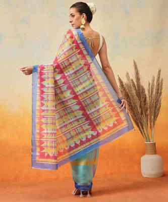 Green printed tissue traditional saree with blouse piece 2