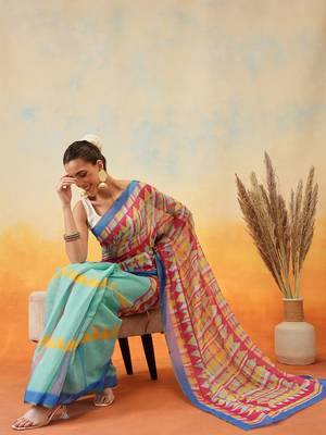 Green printed tissue traditional saree with blouse piece 3