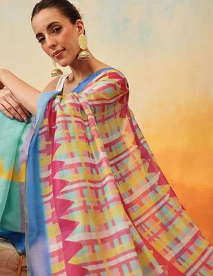 Green printed tissue traditional saree with blouse piece 4