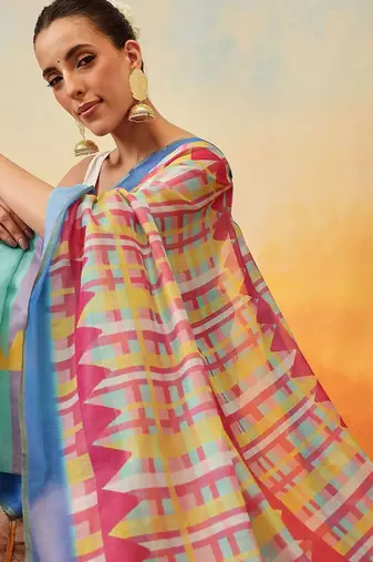 Green printed tissue traditional saree with blouse piece