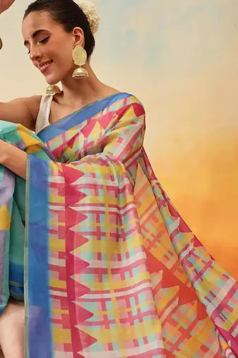 Green printed tissue traditional saree with blouse piece