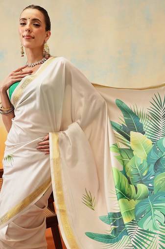 Off white printed art silk ethnic saree with blouse piece