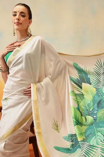 Off white printed art silk ethnic saree with blouse piece