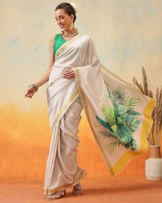 off white printed art silk saree with blouse piece 2