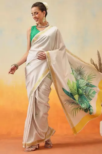 Off white printed art silk ethnic saree with blouse piece