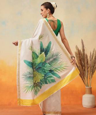 off white printed art silk saree with blouse piece 3