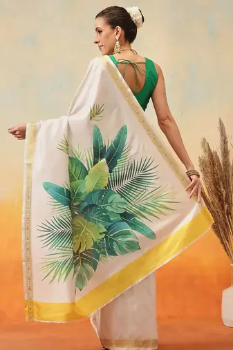 Off white printed art silk ethnic saree with blouse piece