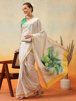 off white printed art silk saree with blouse piece 4