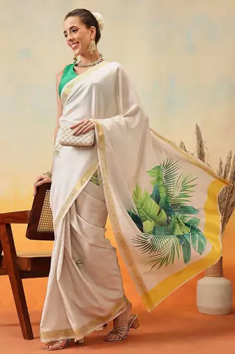 Off white printed art silk ethnic saree with blouse piece