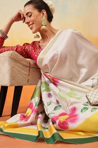 Off white printed art silk ethnic saree with blouse piece
