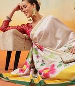 Off white printed art silk ethnic saree with blouse piece