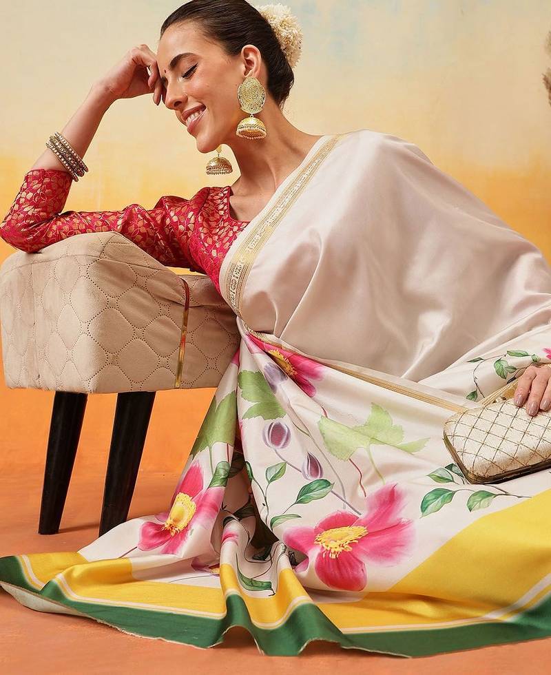 Off white printed art silk ethnic saree with blouse piece