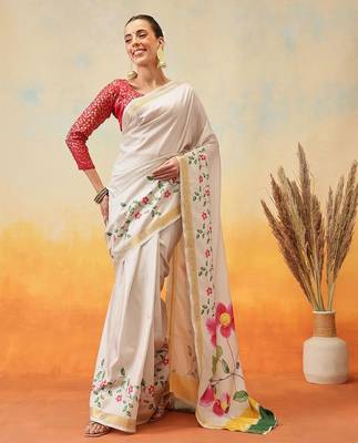 off white floral print art silk saree with blouse 2