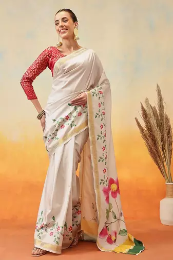 Off white printed art silk ethnic saree with blouse piece