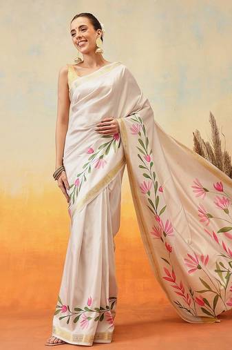 Off white printed art silk ethnic saree with blouse piece
