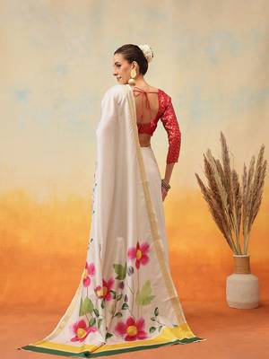 off white floral print art silk saree with blouse 3