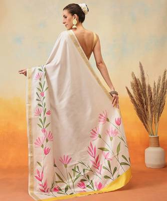 off white floral print art silk saree with blouse 2