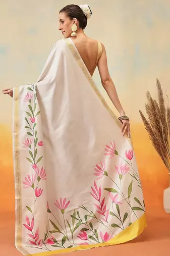 Off white printed art silk ethnic saree with blouse piece