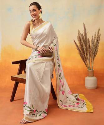 off white floral print art silk saree with blouse 3