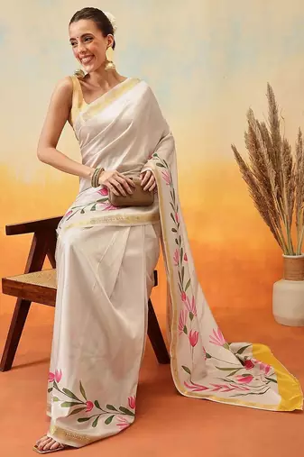 Off white printed art silk ethnic saree with blouse piece