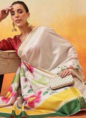 off white floral print art silk saree with blouse 4