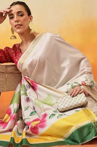 Off white printed art silk ethnic saree with blouse piece