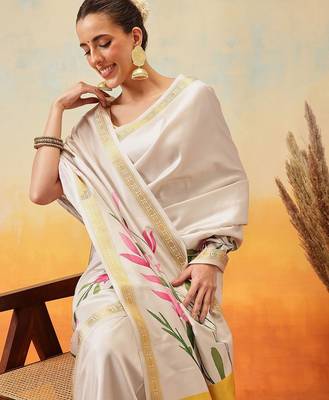 off white floral print art silk saree with blouse 4