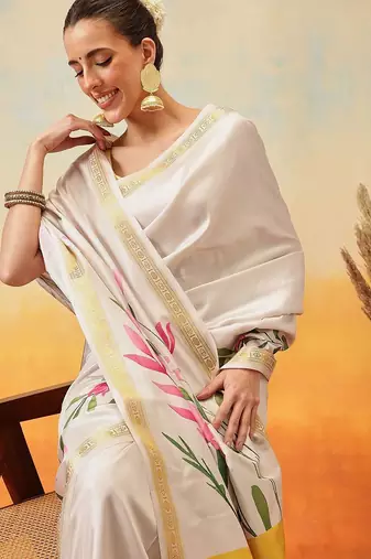 Off white printed art silk ethnic saree with blouse piece