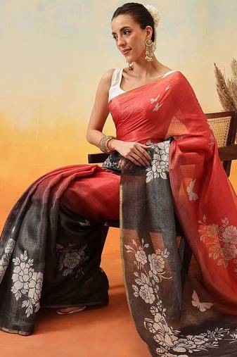 Black printed tissue traditional saree with blouse piece