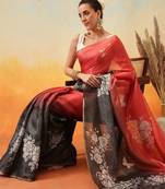 Black printed tissue traditional saree with blouse piece