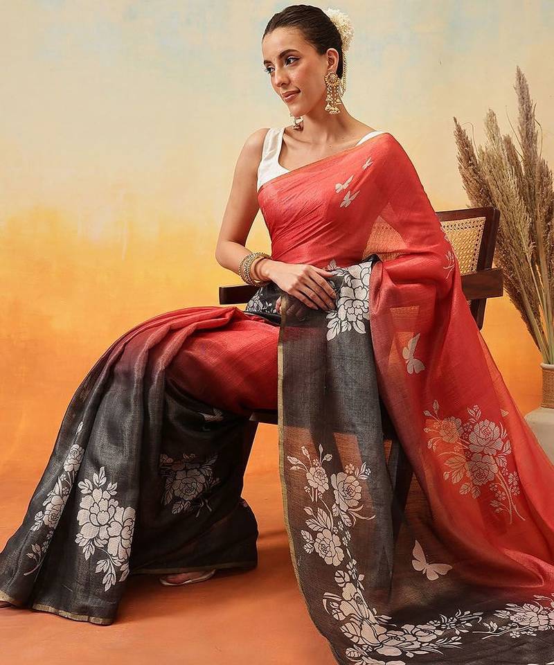 Black printed tissue traditional saree with blouse piece