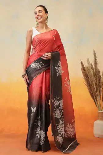 Black printed tissue traditional saree with blouse piece