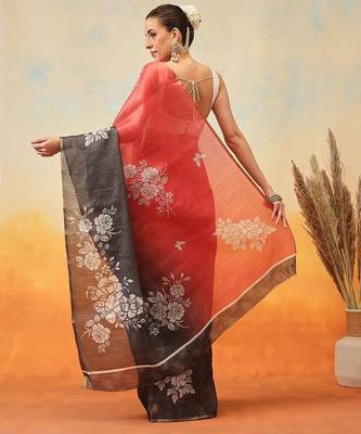 Black printed tissue traditional saree with blouse piece 3