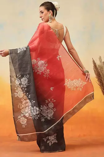 Black printed tissue traditional saree with blouse piece
