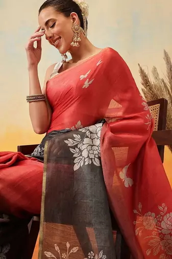 Black printed tissue traditional saree with blouse piece