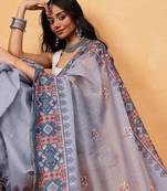Grey printed cotton blend ethnic saree with blouse piece
