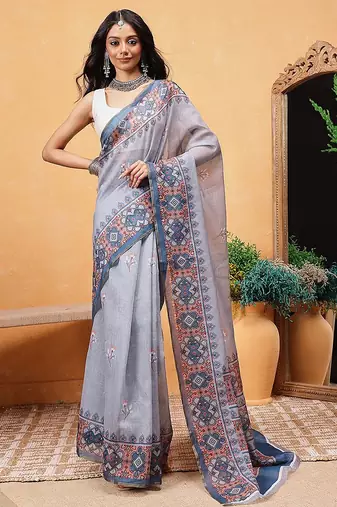 Grey printed cotton blend ethnic saree with blouse piece