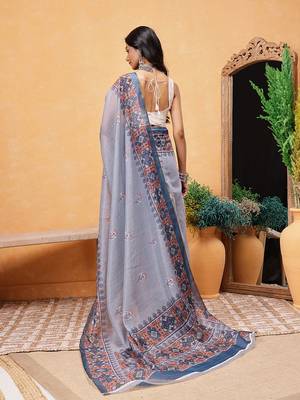 Grey printed cotton blend ethnic saree with blouse piece 3