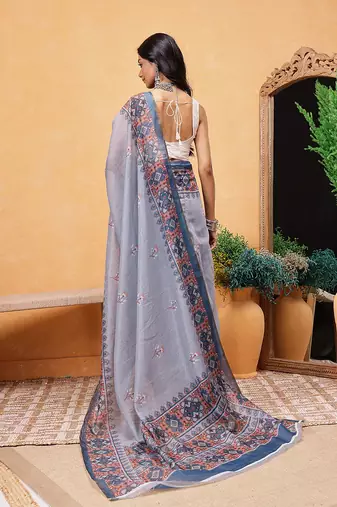 Grey printed cotton blend ethnic saree with blouse piece