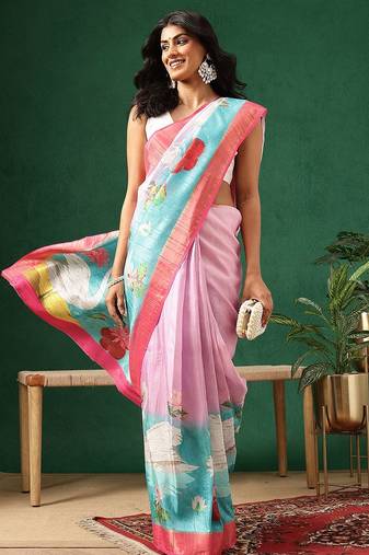 Pink printed art silk ethnic saree with blouse piece