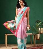 Pink printed art silk ethnic saree with blouse piece